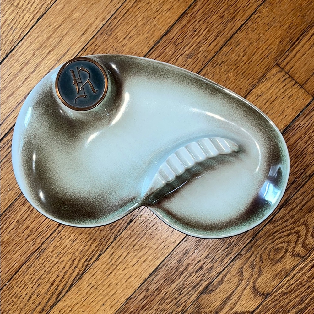 Brown & green Roseville Hyde Park Ceramic Ashtray No. 1975 Atomic Vtg MCM